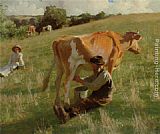 Harold Harvey Canvas Paintings - Summer Milking